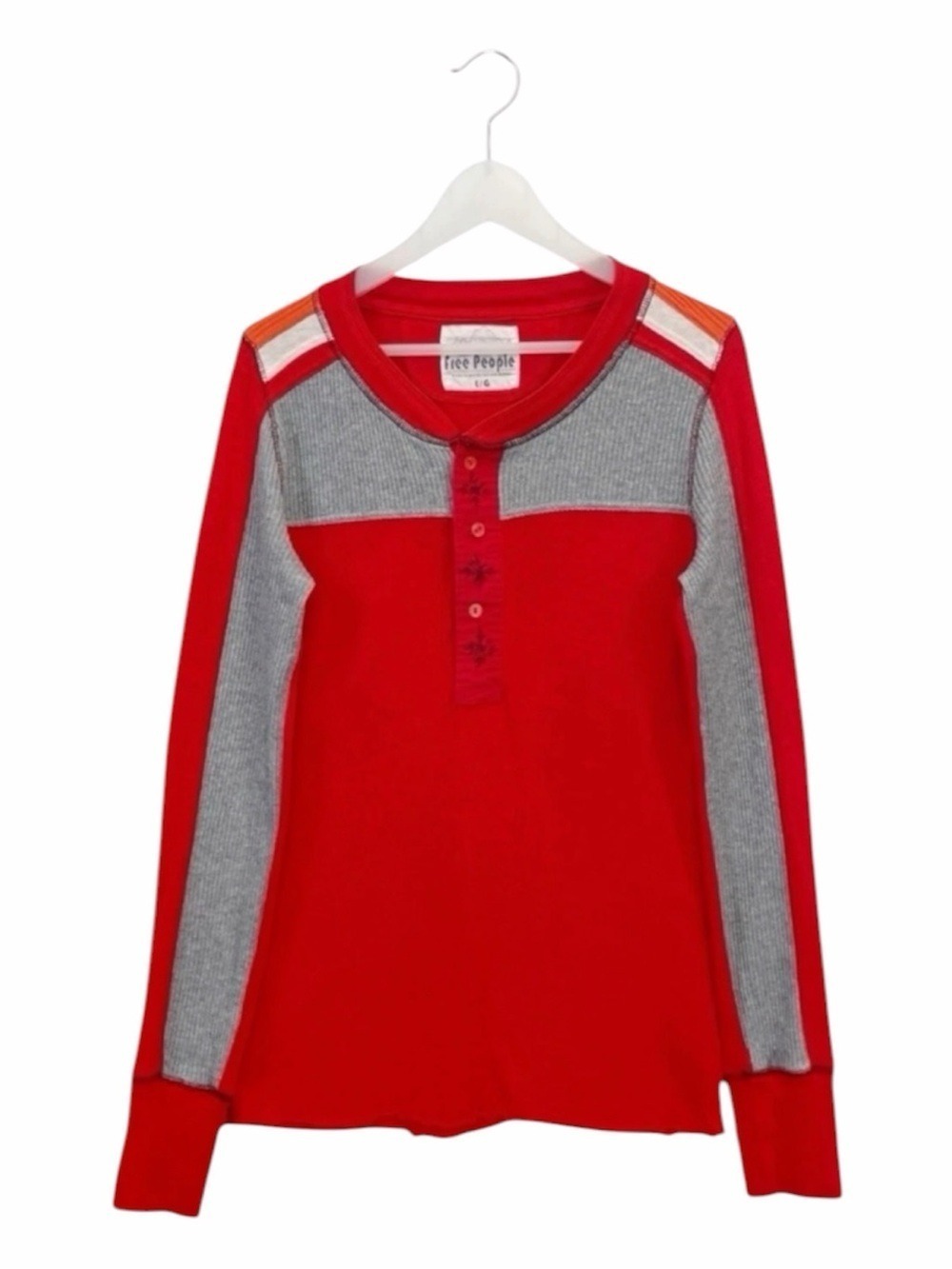 Vintage Free People Y2K Thermal Henley Top Red Colorblock Long Sleeve Size Large